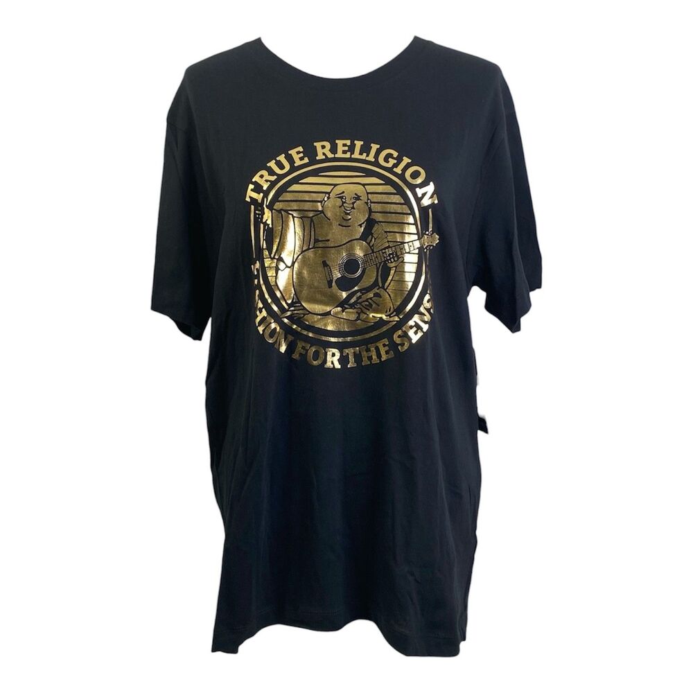 True Religion Buddha Foil Logo Shirt Mens Large Black Gold Short Sleeve Crewneck